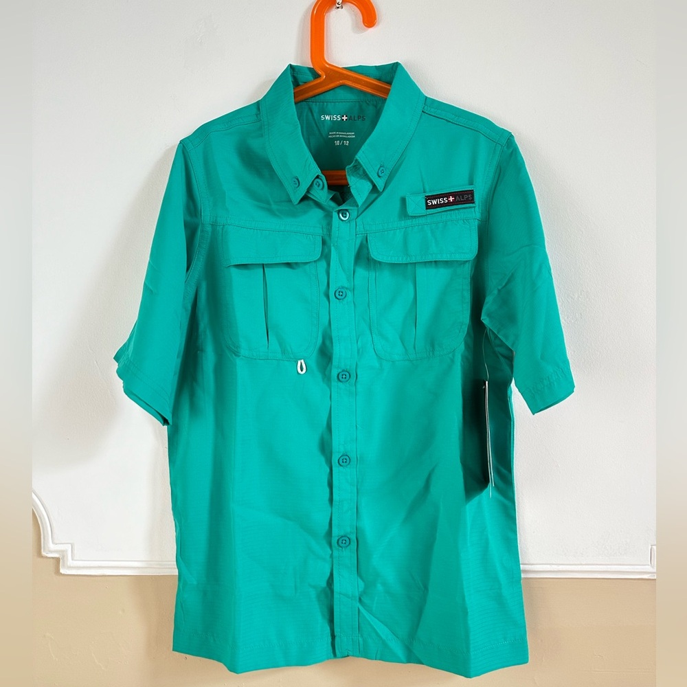 Boys Swiss Alps Teal Collared Tech Button Down Shirt short sleeve lightweight